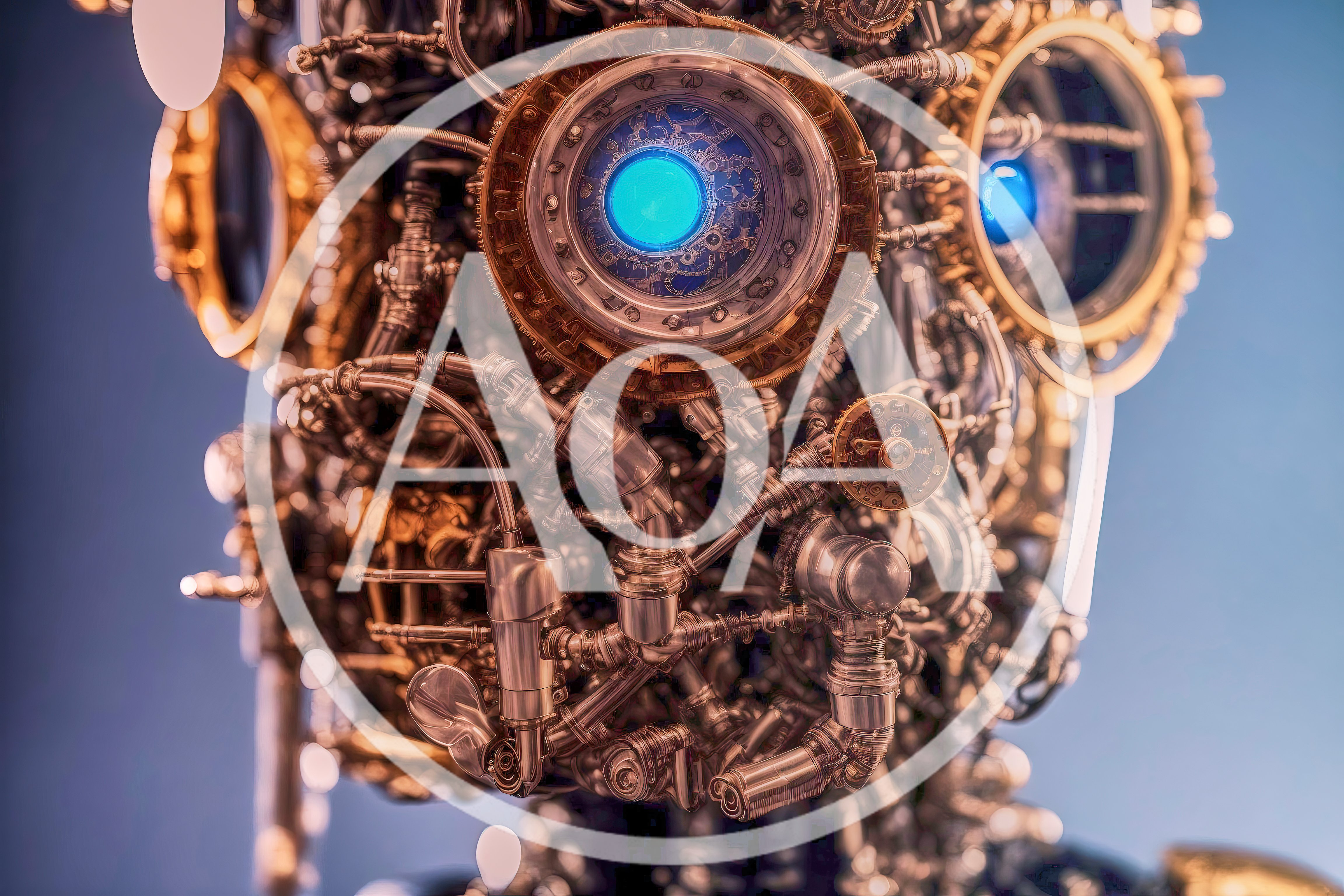 Steampunk Robot Head With Glowing Blue Eyes