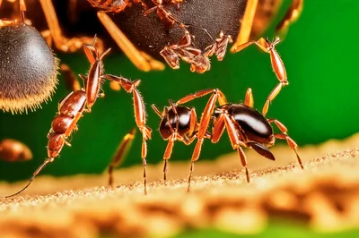 Macro Close Up Of Ants Interacting On Textured Surface
