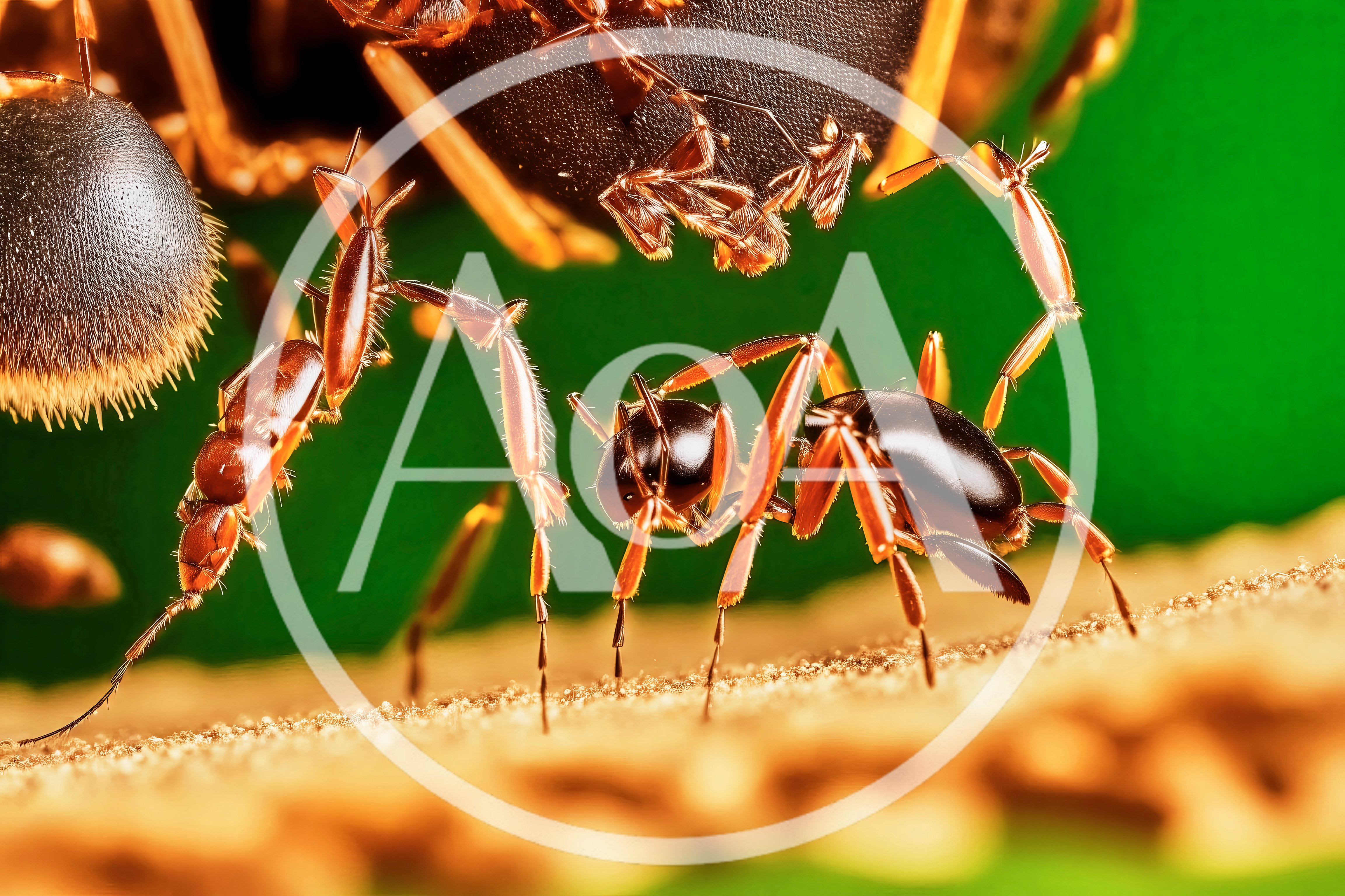 Macro Close Up Of Ants Interacting On Textured Surface