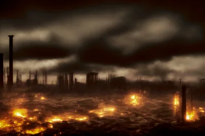 Apocalyptic Industrial Wasteland With Burning Ruins And Smoke