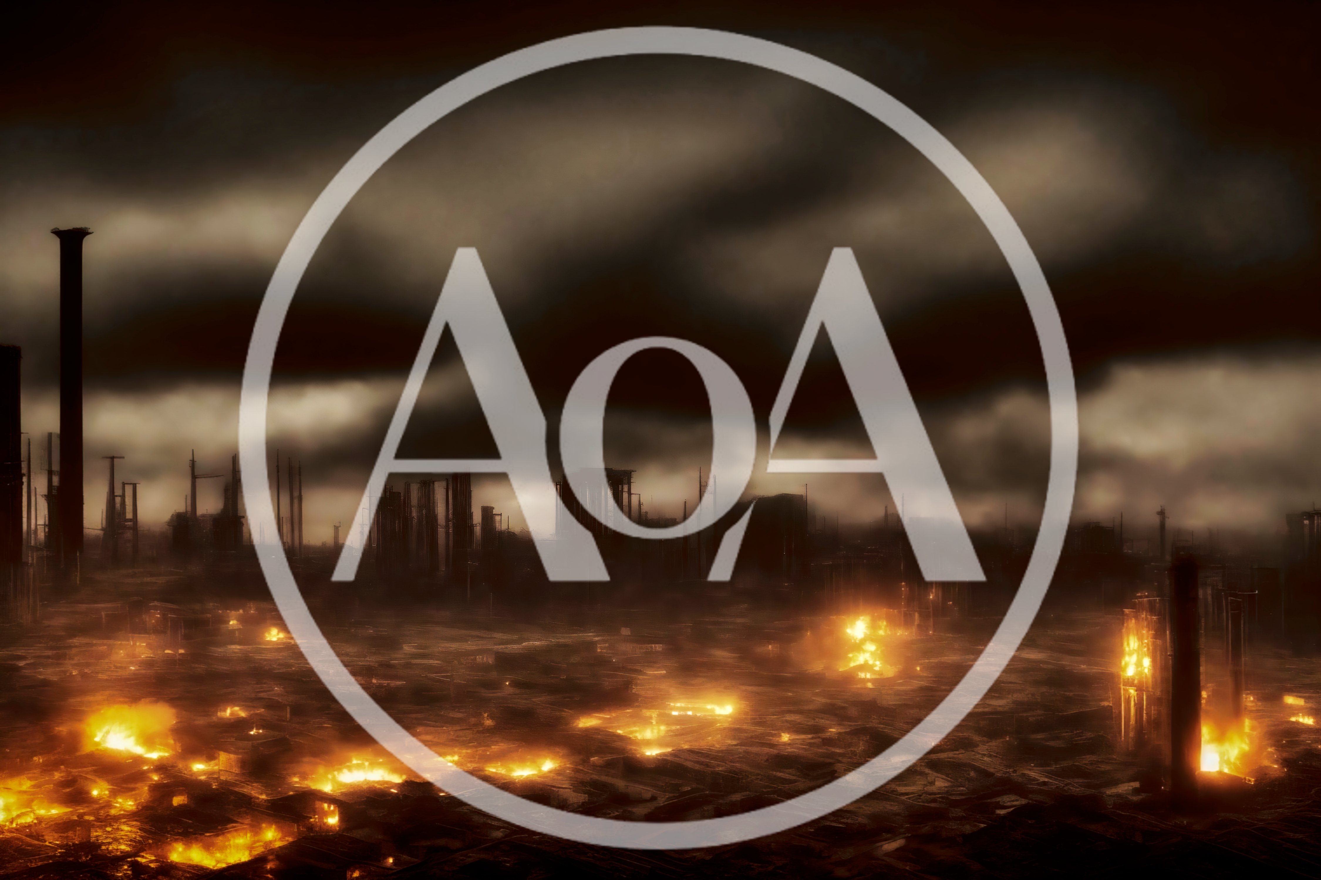 Apocalyptic Industrial Wasteland With Burning Ruins And Smoke