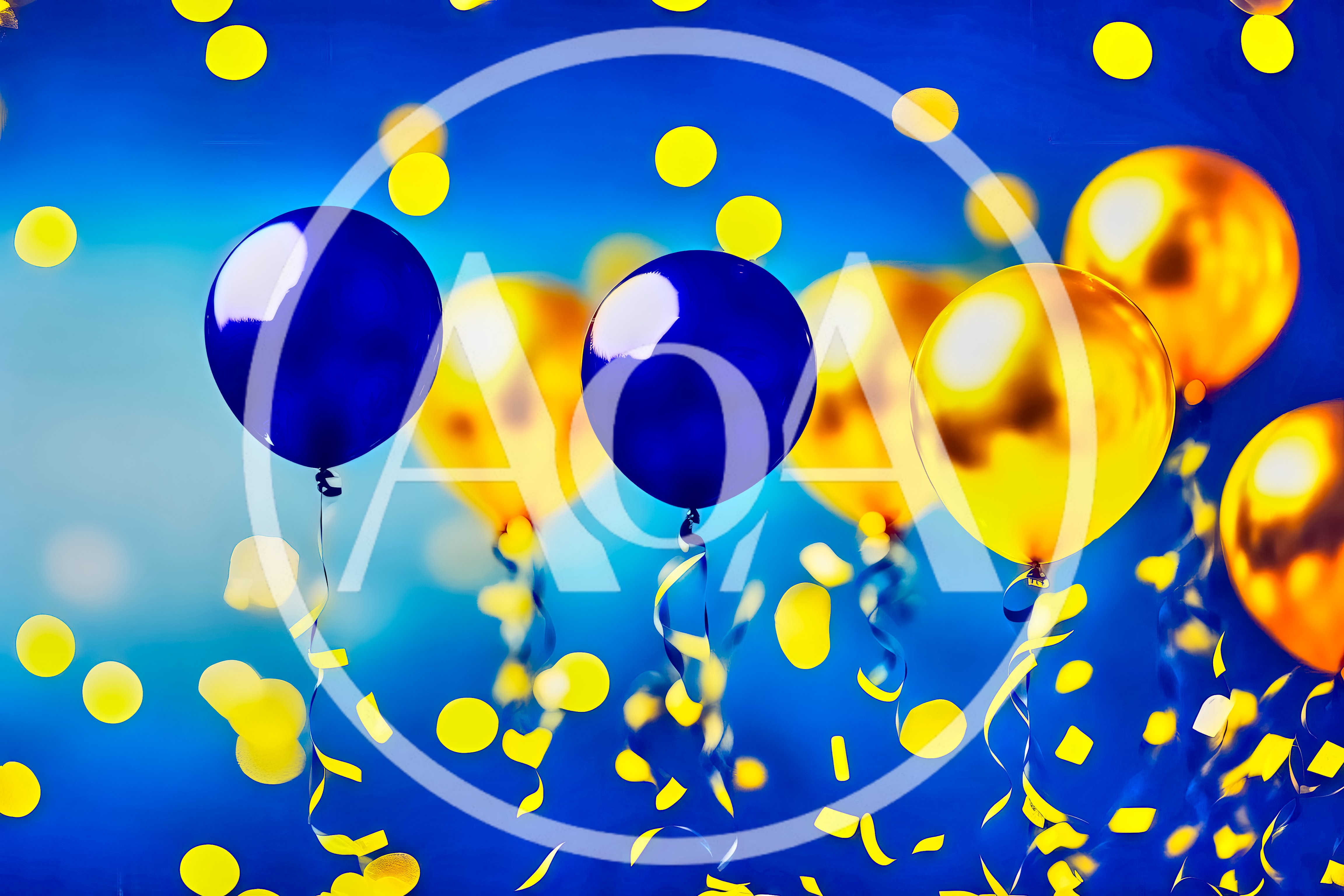 Blue and Gold Balloons Floating with Confetti