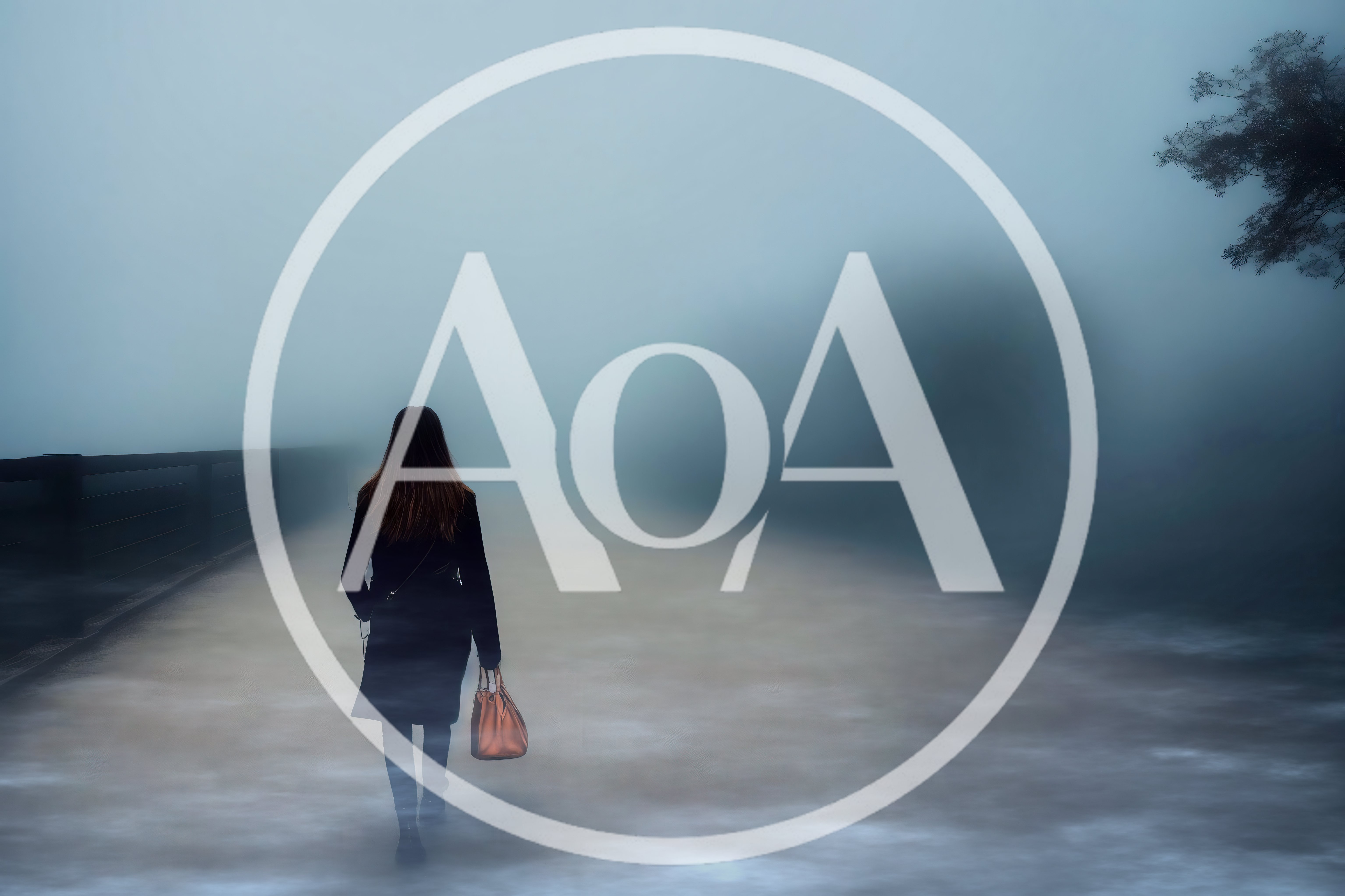 Woman Walking Alone On A Foggy Bridge