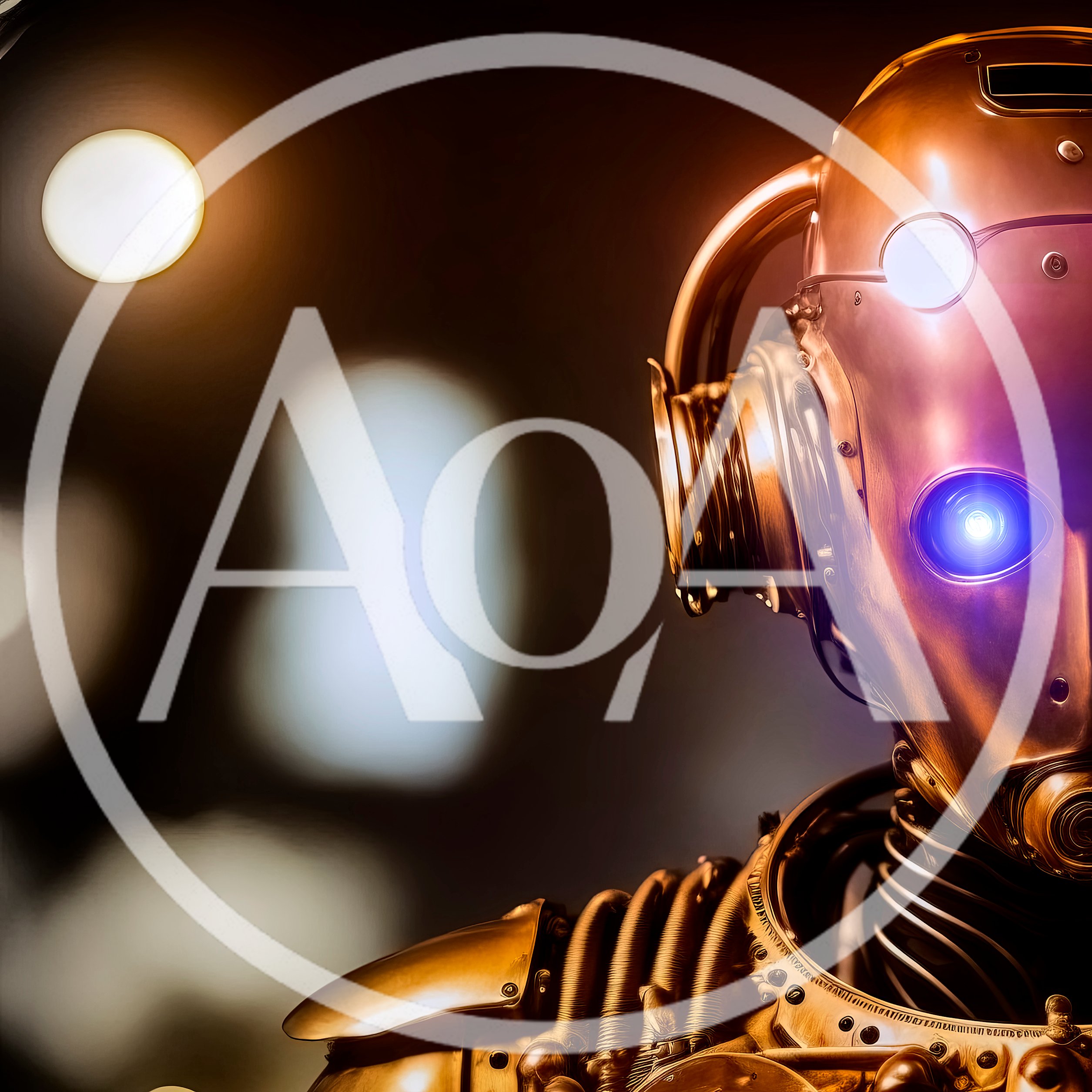 Golden Robotic Cyborg Head With Glowing Blue Eye
