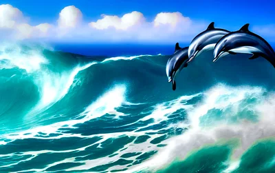 Two Dolphins Leaping Over A Large Ocean Wave