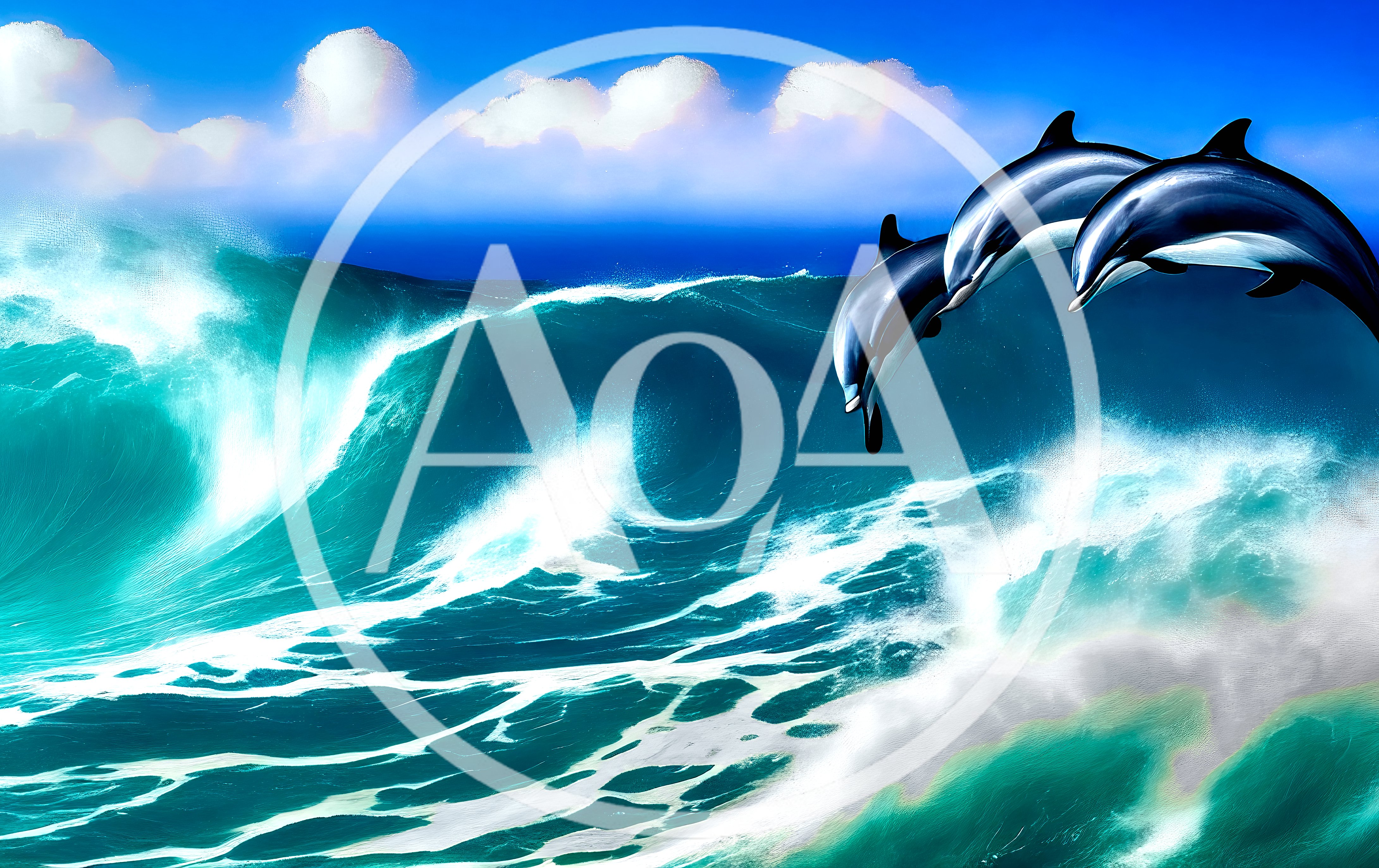 Two Dolphins Leaping Over A Large Ocean Wave
