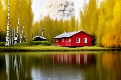 Red Cabin Beside A Calm Lake In Autumn