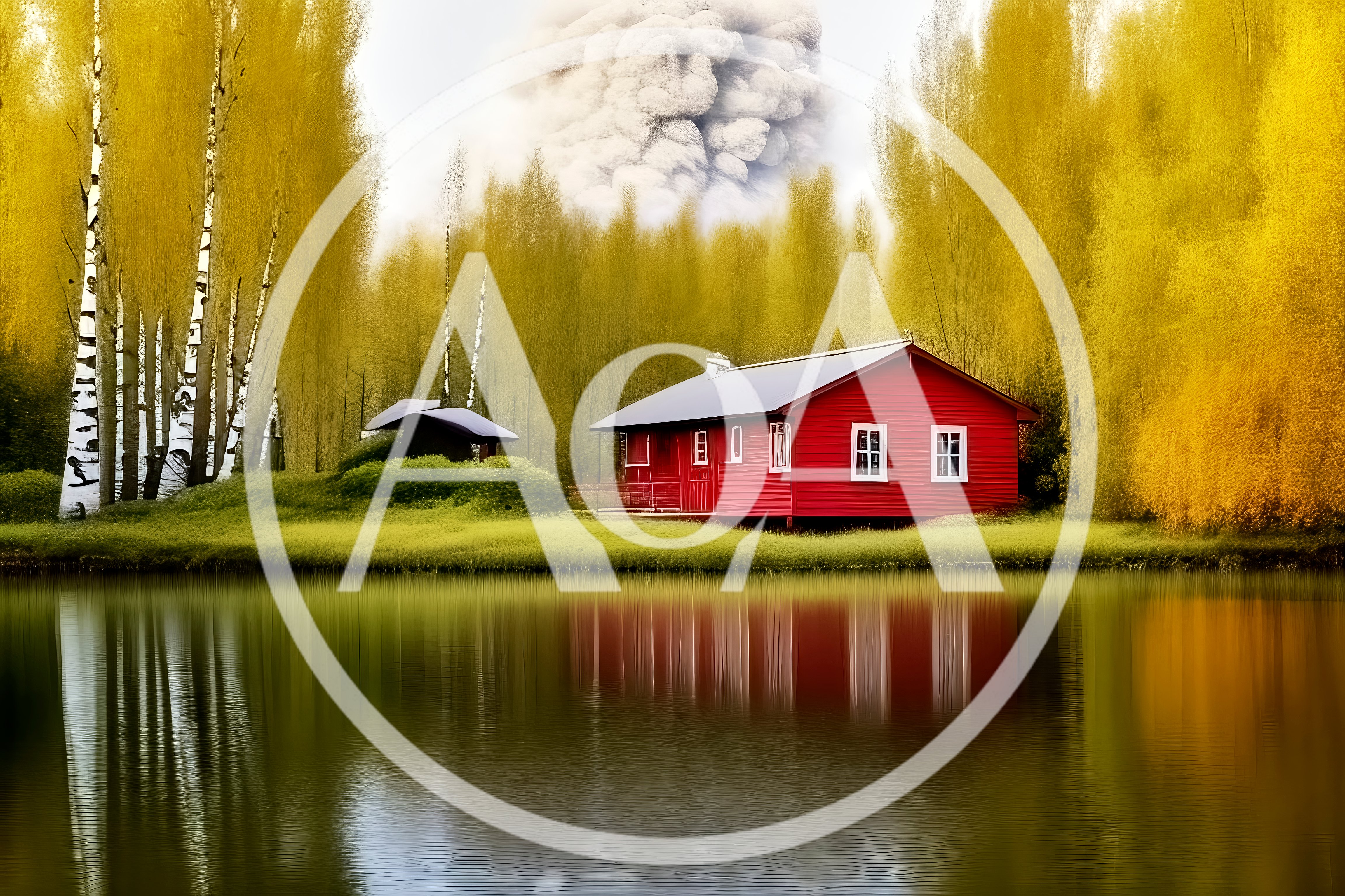 Red Cabin Beside A Calm Lake In Autumn