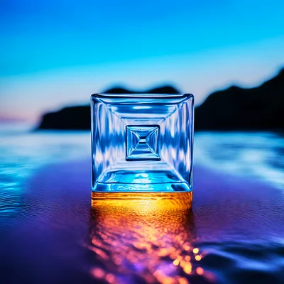 Glass Cube Sculpture Reflecting Sunset Light on Water