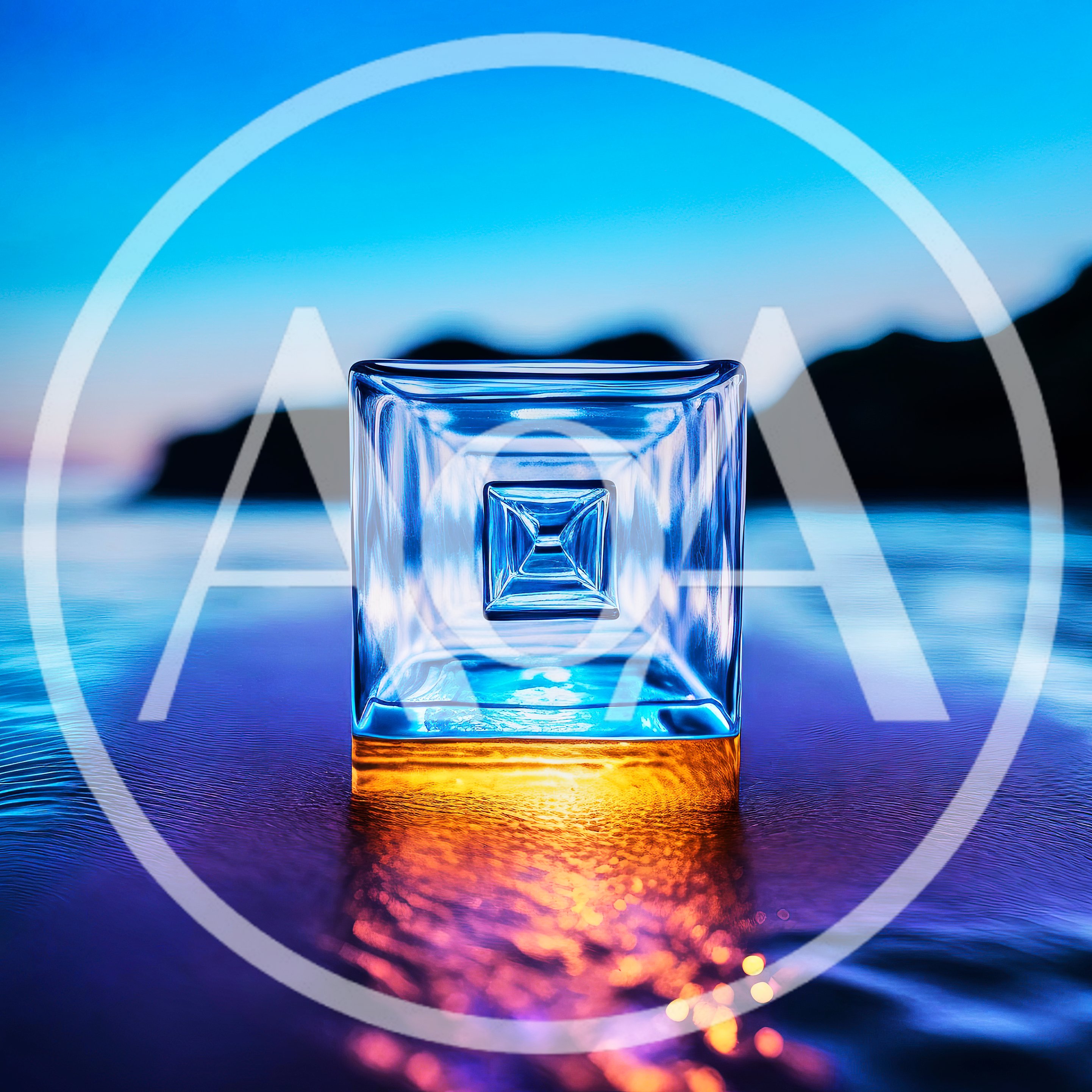 Glass Cube Sculpture Reflecting Sunset Light on Water
