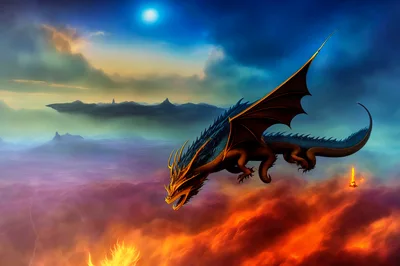 Majestic Dragon Flying Over A Fiery Landscape