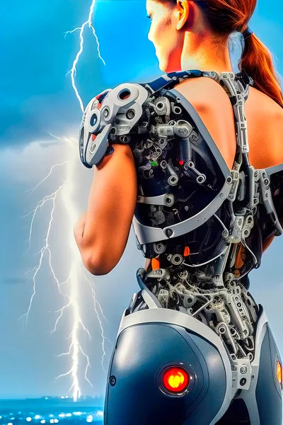 Cyborg Woman Standing Before A Lightning Storm