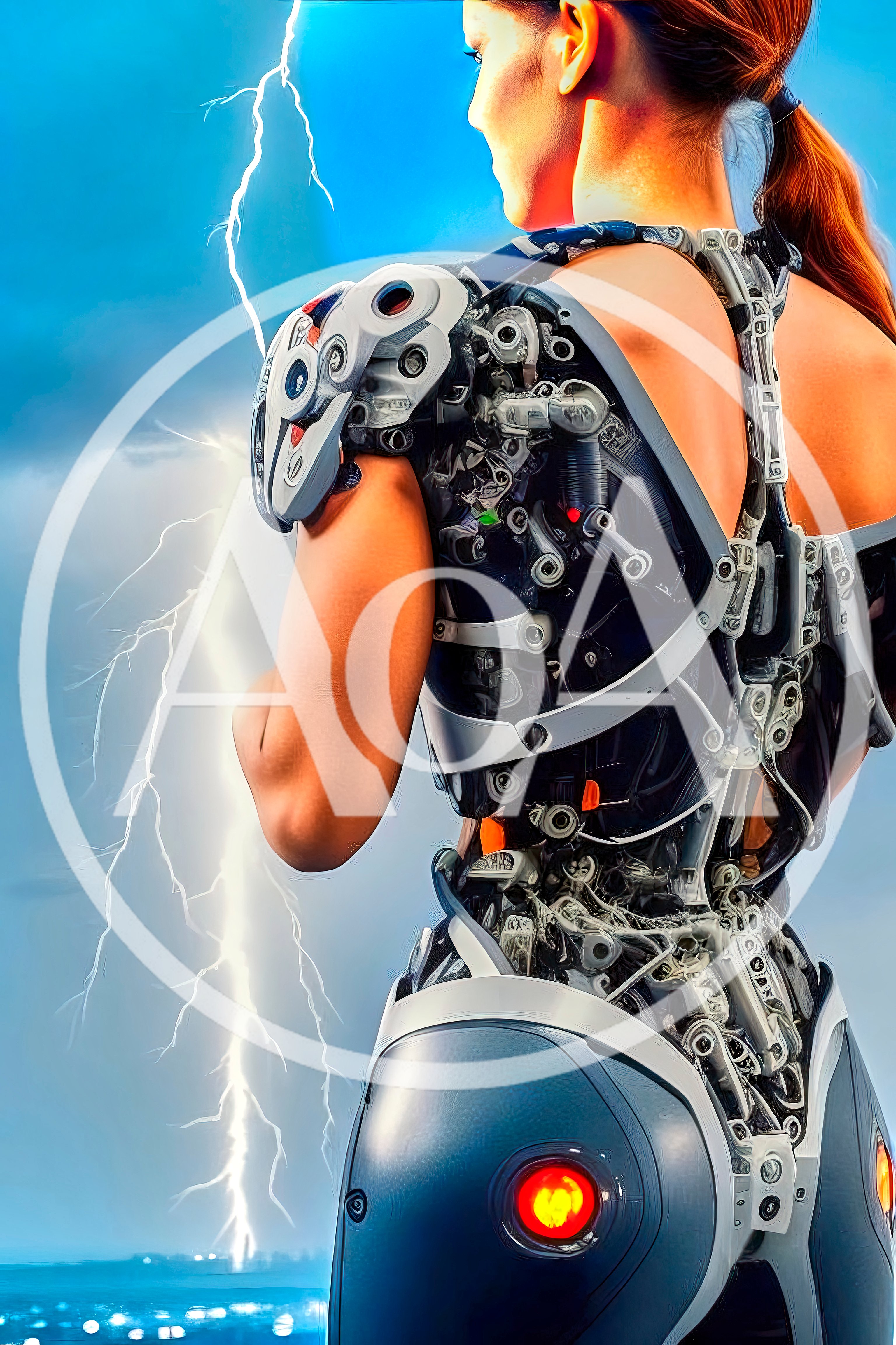 Cyborg Woman Standing Before A Lightning Storm