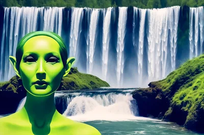 Green Alien Being Standing Before A Majestic Waterfall