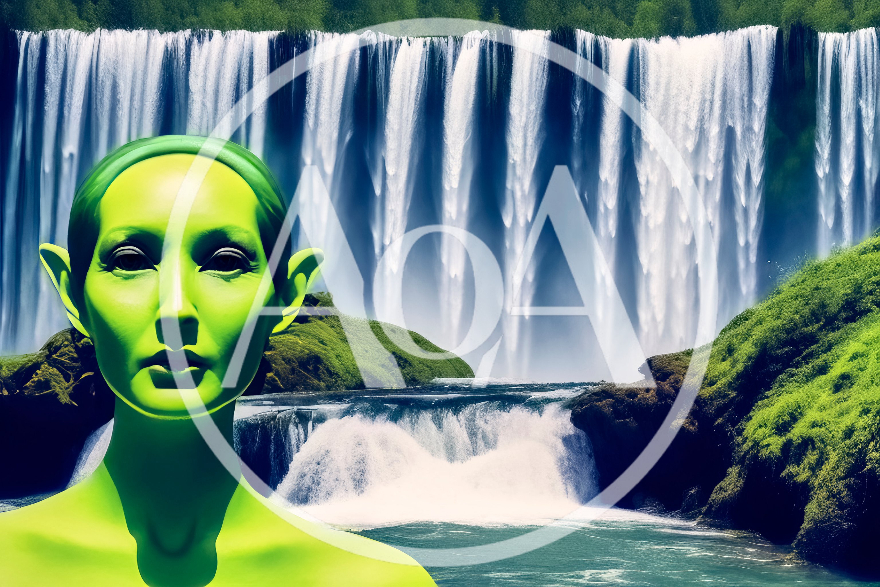 Green Alien Being Standing Before A Majestic Waterfall