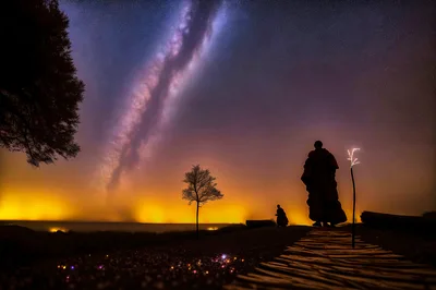 Buddhist Monks Walking Under A Vibrant Milky Way Sky