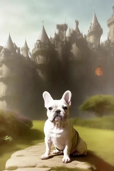 White French Bulldog Sitting Before A Fantasy Castle