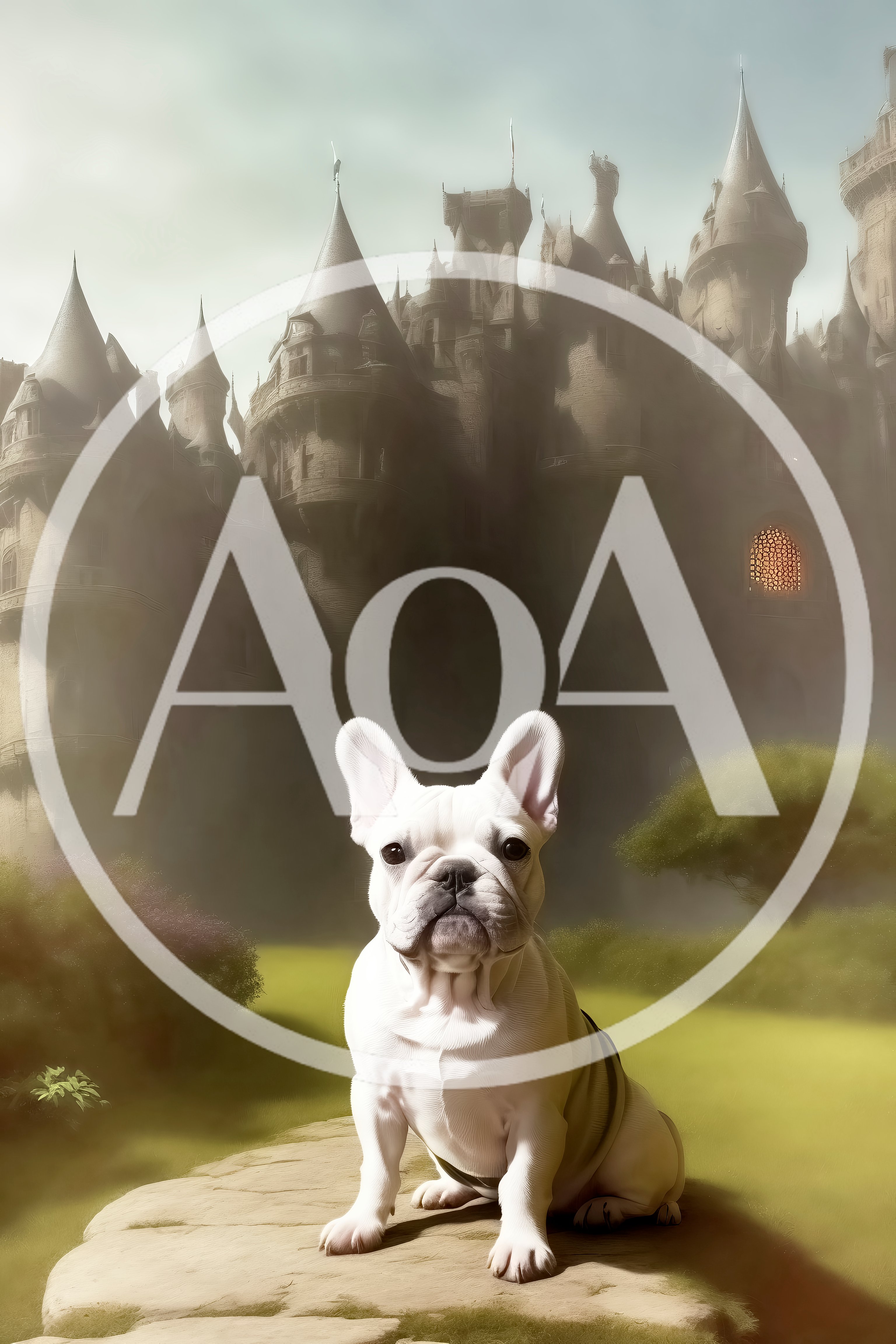 White French Bulldog Sitting Before A Fantasy Castle