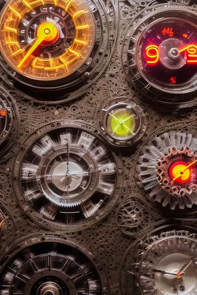 Intricate Steampunk Clockwork Mechanism With Glowing Dials