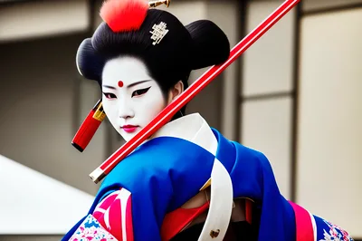 Geisha Holding A Red Katana Sword