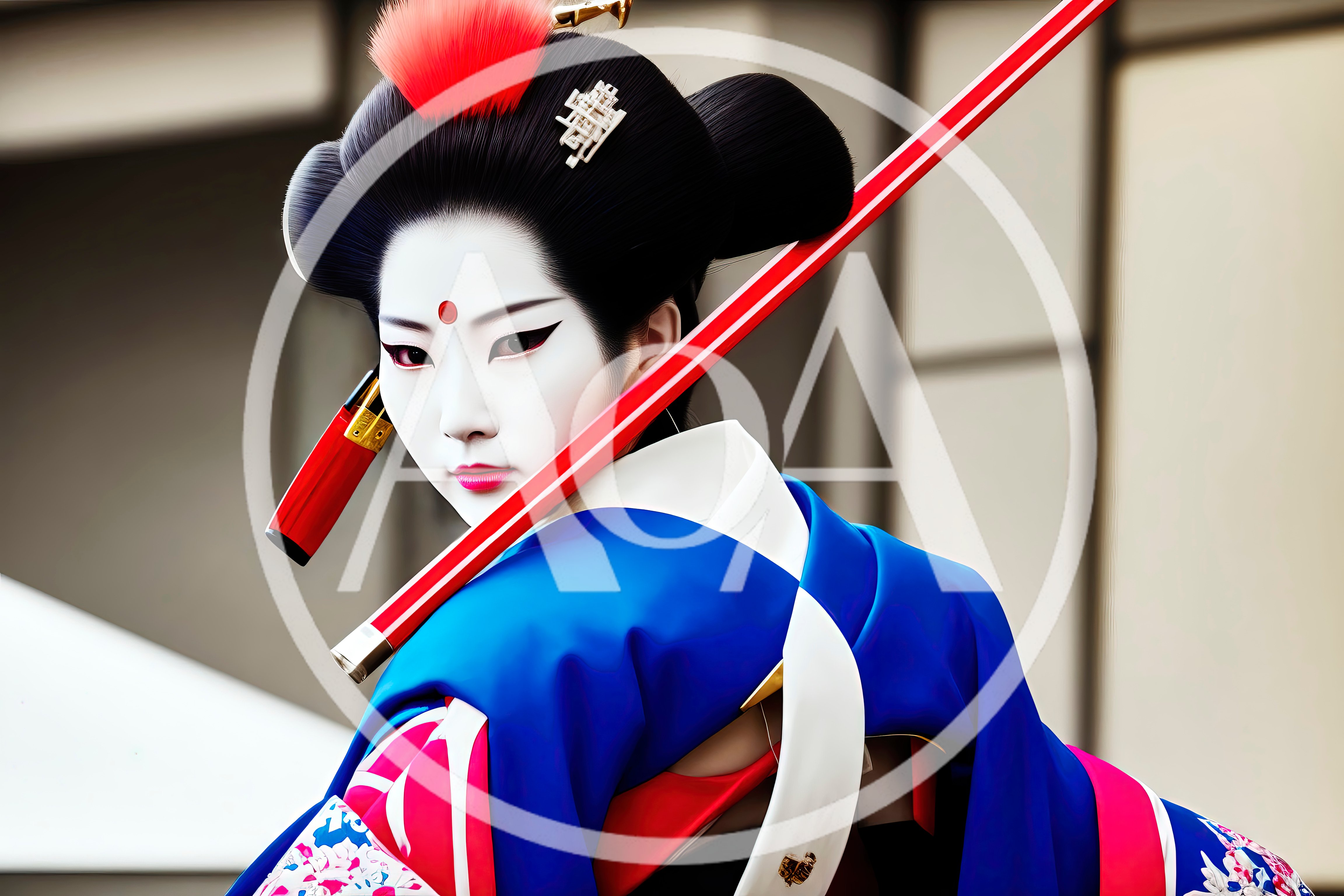 Geisha Holding A Red Katana Sword