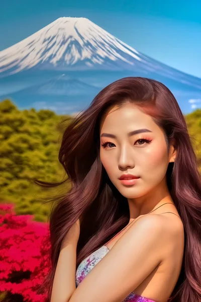 Portrait of a Young Asian Woman Near Mount Fuji