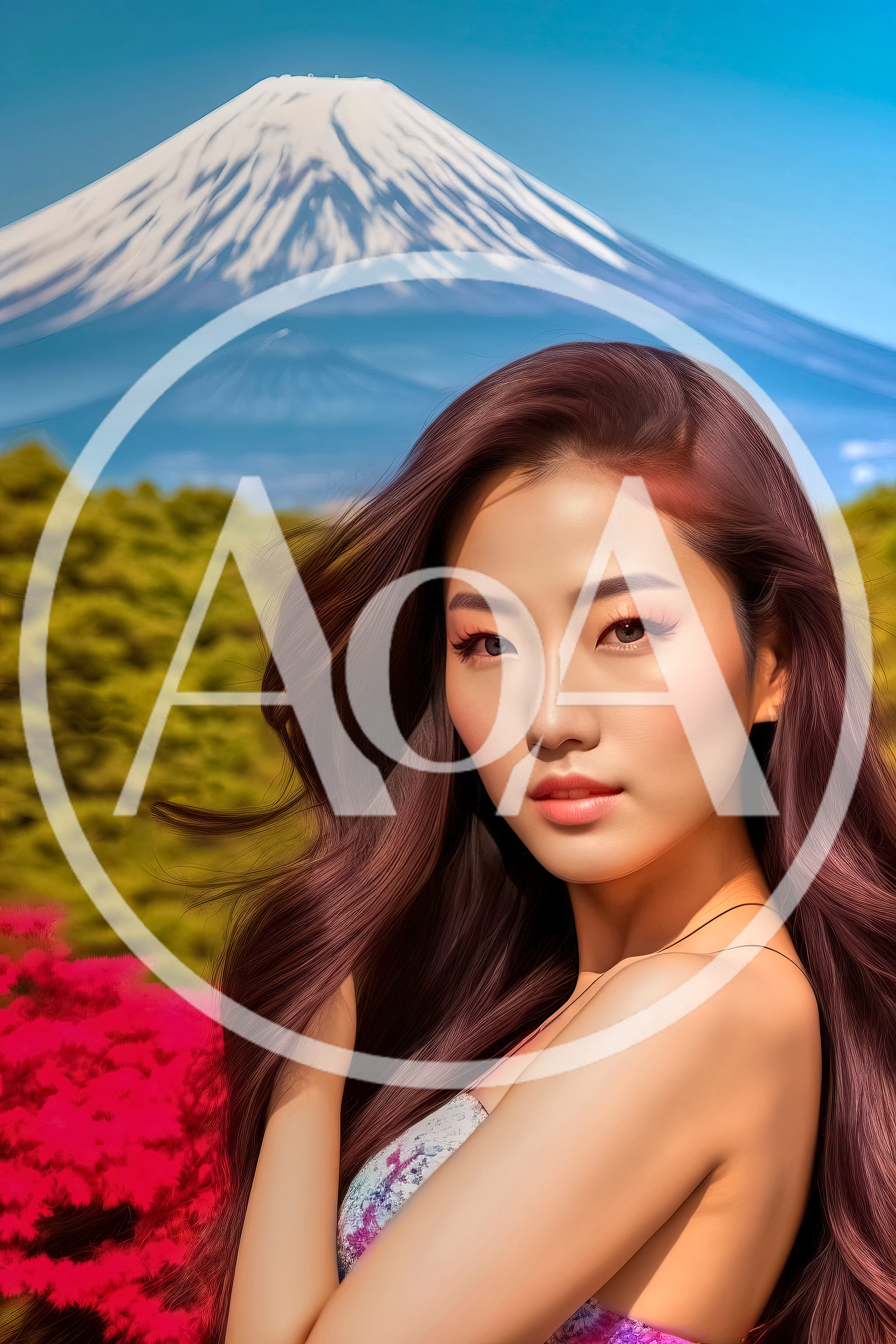 Portrait of a Young Asian Woman Near Mount Fuji