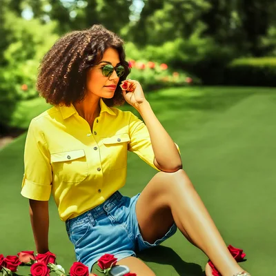 Woman With Curly Hair Sitting On Grass With Roses