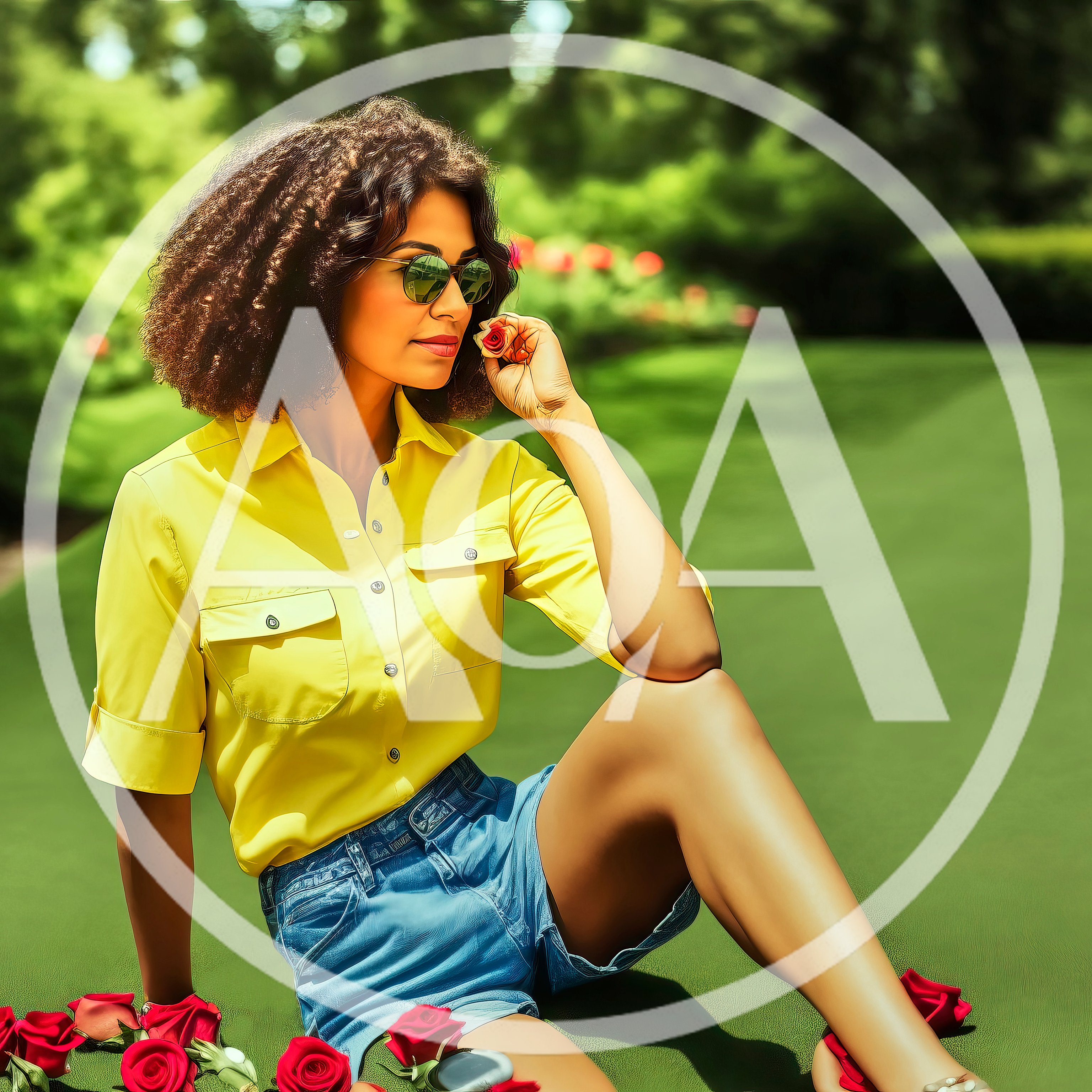 Woman With Curly Hair Sitting On Grass With Roses