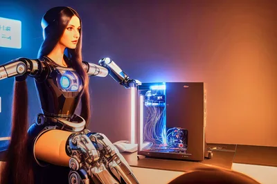 Futuristic Female Android Interacting With High Performance Computer