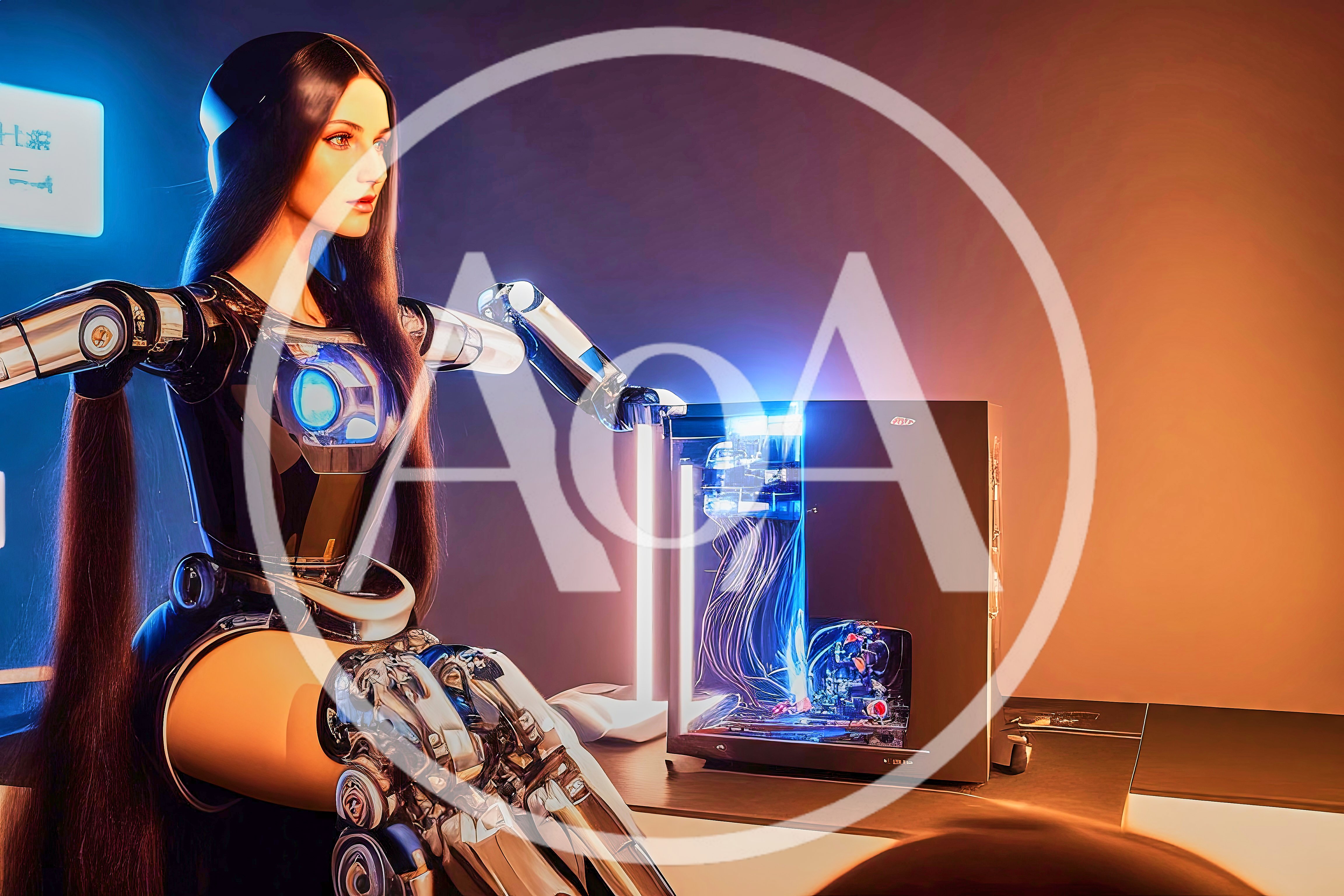Futuristic Female Android Interacting With High Performance Computer