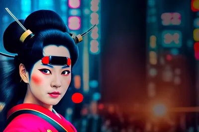 Cyberpunk Geisha Portrait In Neon City Setting