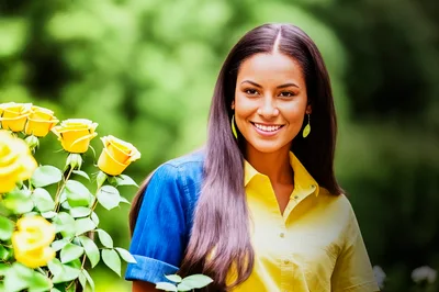 Smiling Woman Standing Beside Yellow Roses In A Garden