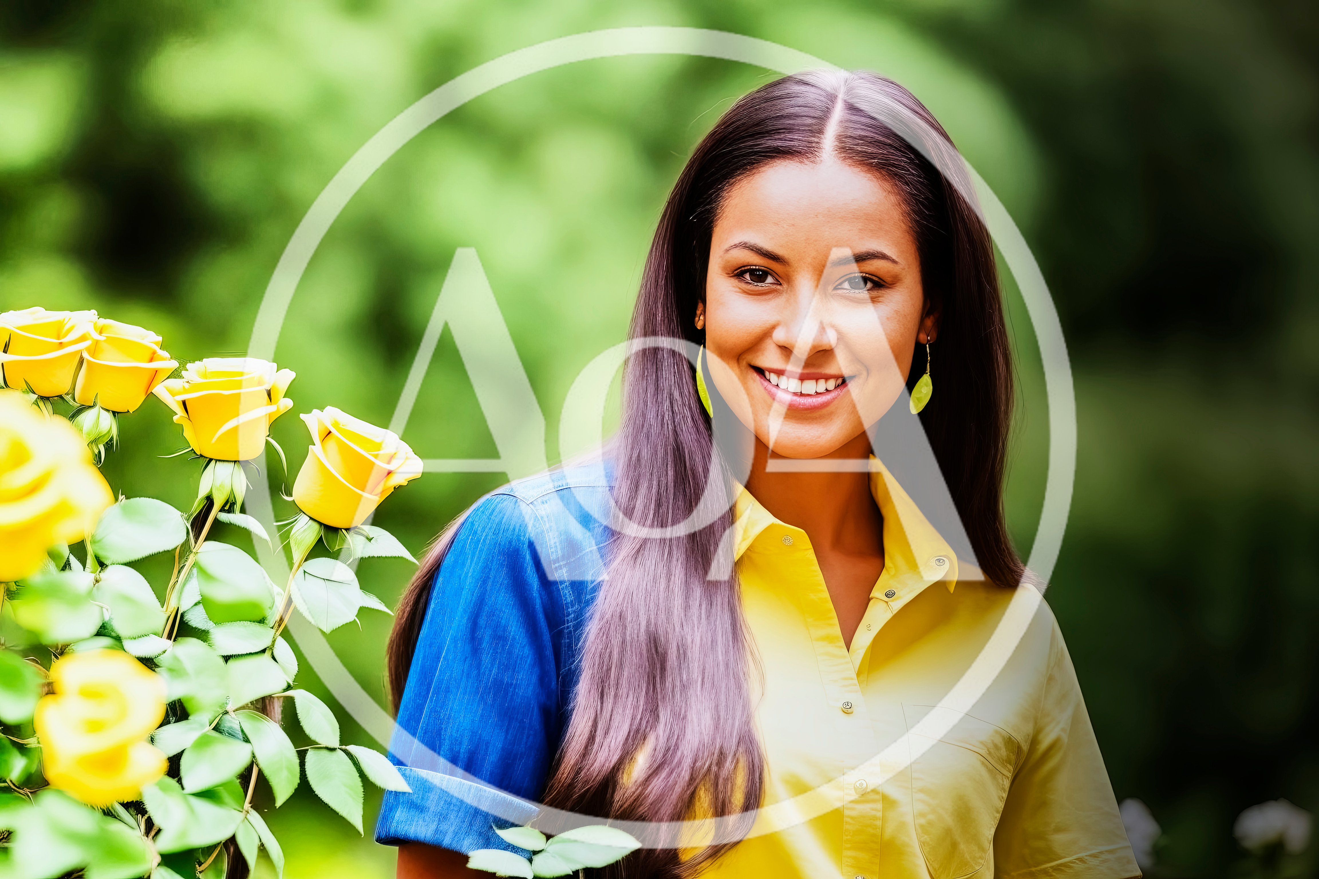 Smiling Woman Standing Beside Yellow Roses In A Garden