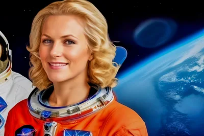 Portrait Of A Smiling Female Astronaut In Space