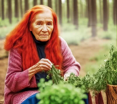 Elderly Woman With Red Hair Harvesting Fresh Herbs
