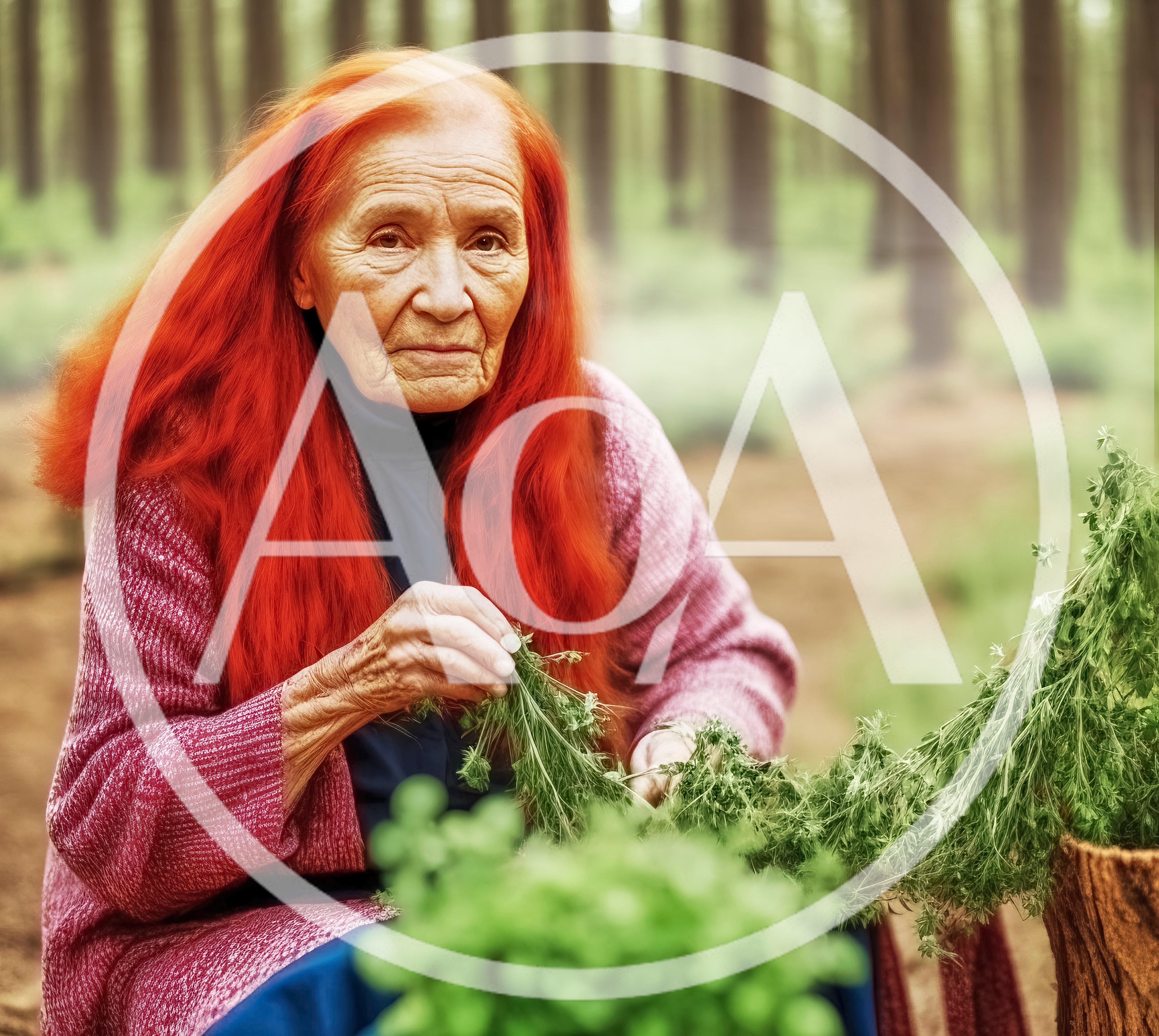 Elderly Woman With Red Hair Harvesting Fresh Herbs