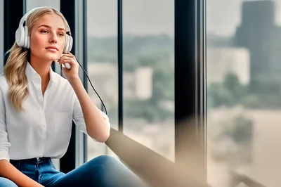 Young Woman Wearing Headphones Sitting By Office Window