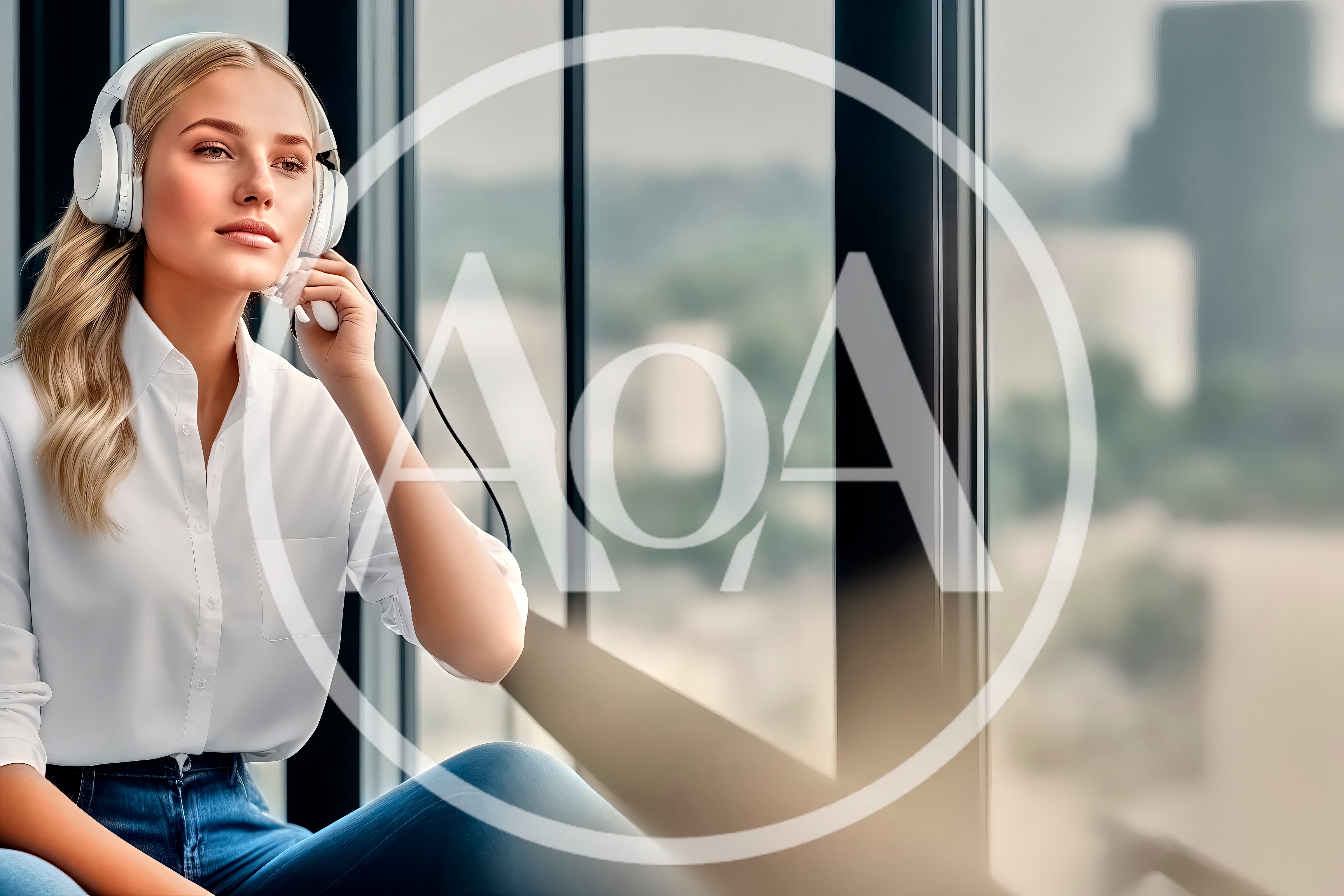 Young Woman Wearing Headphones Sitting By Office Window