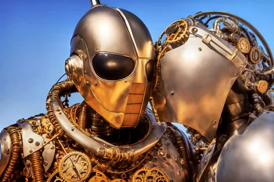 Steampunk Robot Couple Embracing In Close Up