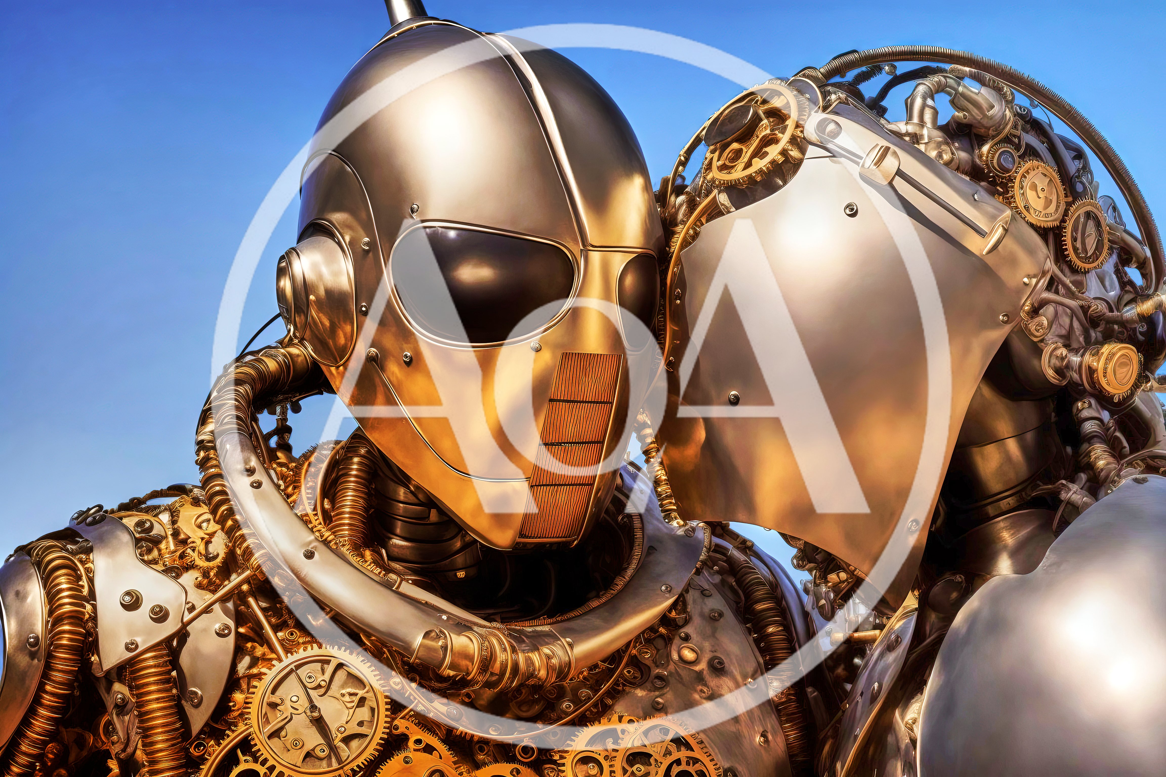 Steampunk Robot Couple Embracing In Close Up