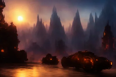 Steampunk Vehicles Traveling Through A Misty Alien Landscape
