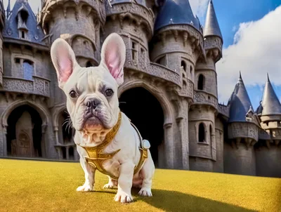 French Bulldog Wearing Golden Armor In Front Of Castle