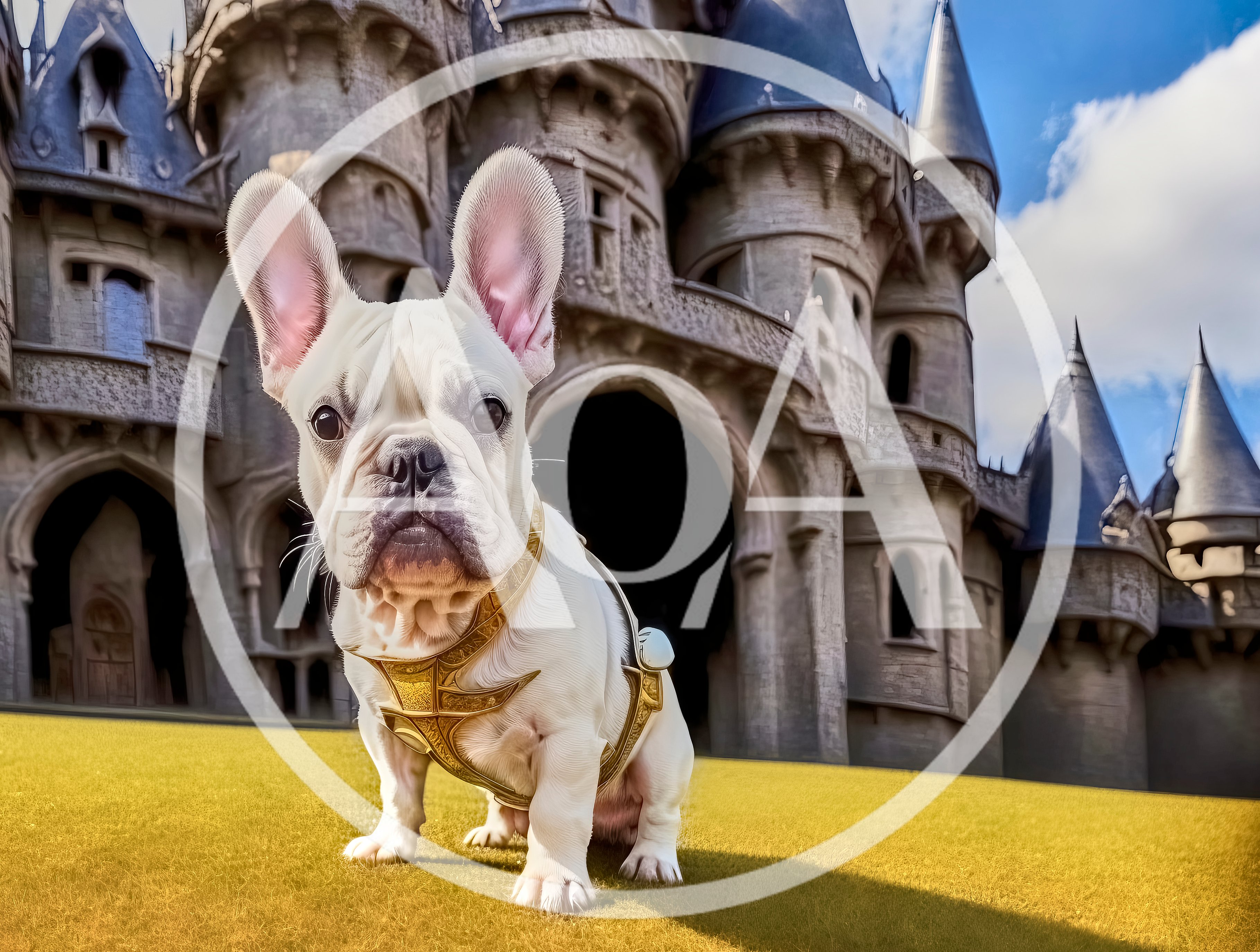 French Bulldog Wearing Golden Armor In Front Of Castle