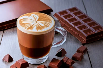 Glass Cup Of Latte With Chocolate Bars