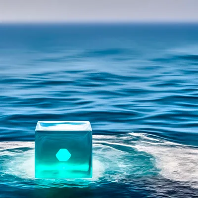 Glowing Translucent Cube Floating On Ocean Surface