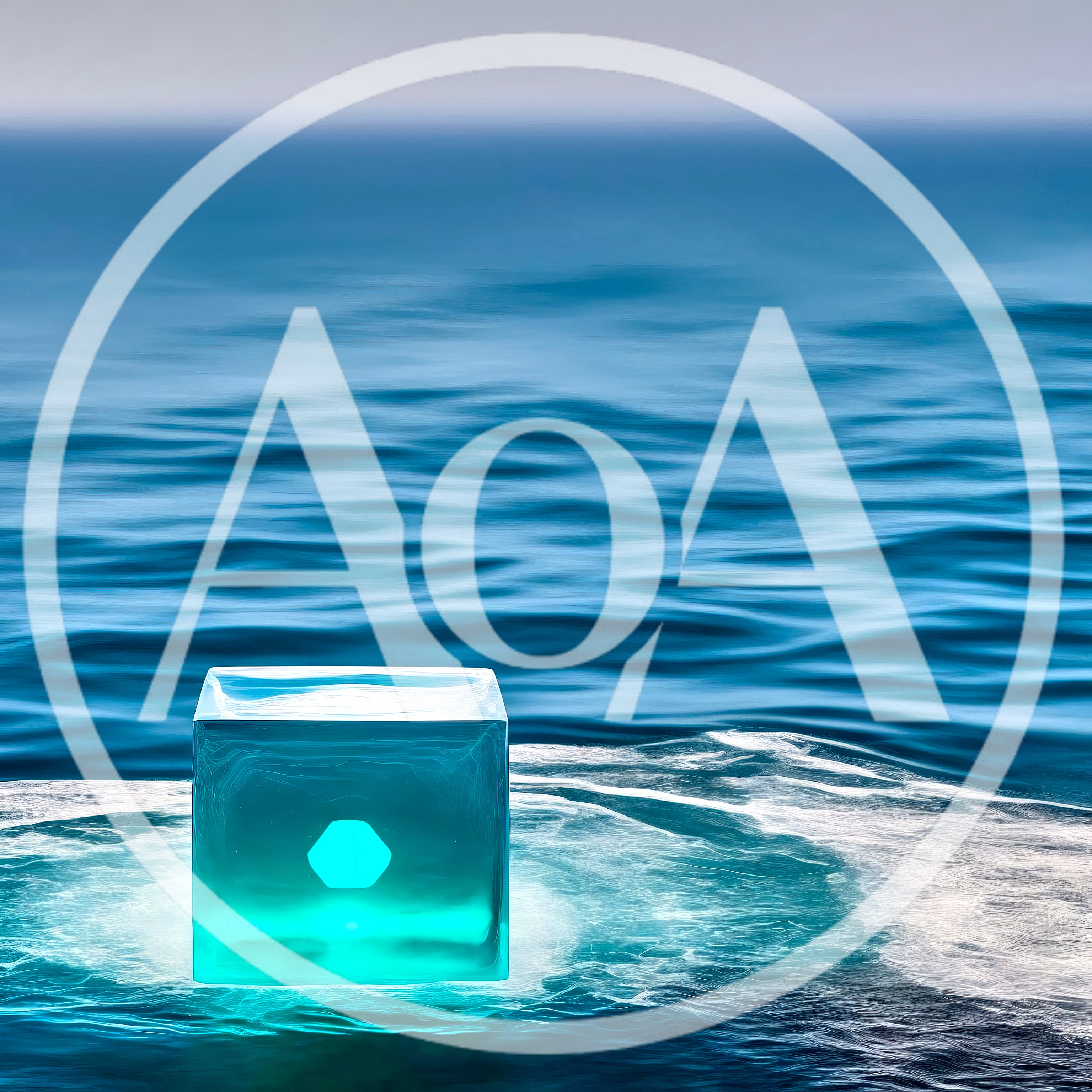 Glowing Translucent Cube Floating On Ocean Surface