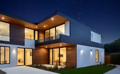 Modern Luxury Two Story House At Night