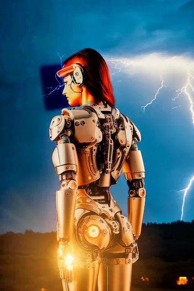 Cyborg Woman Standing Against A Stormy Sky