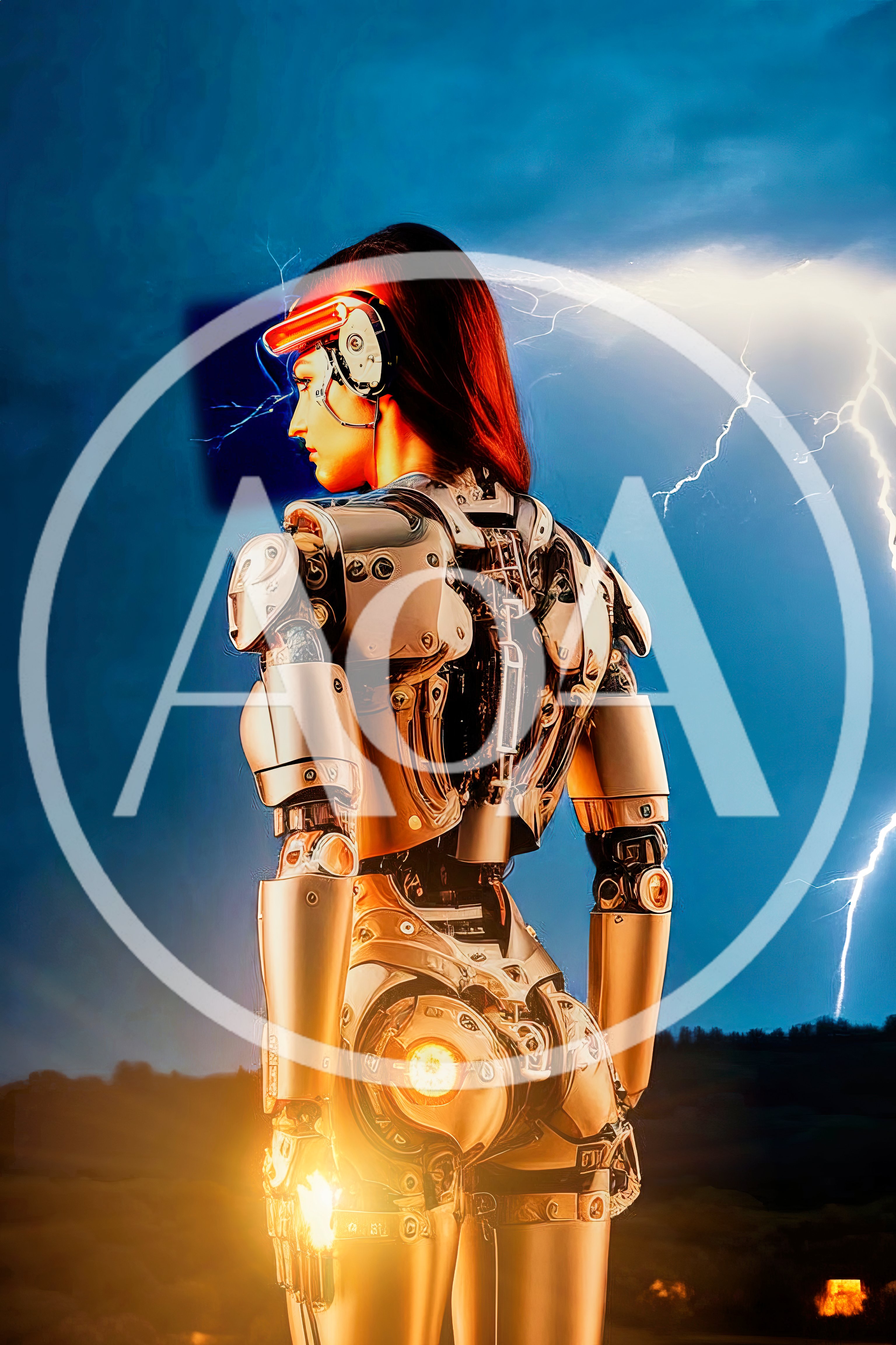 Cyborg Woman Standing Against A Stormy Sky